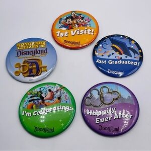 Lot of 5 Disneyland Souvenir Button Pin 3" Badge 1st Visit Marriage Celebrate